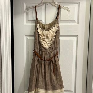 Brown and Cream Ruffle Dress with Belt